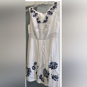 ANTONIO MELANI White Linen mix Dress with Bright Navy Floral Embroidery